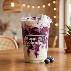 Blueberry milk drink over ice in a clear cup with Kapé Lélangan logo