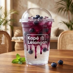 Blueberry Soda refresher drink in a clear cup with Kapé Lélangan logo