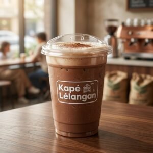 White choco mocha over ice in a clear cup with Kapé Lélangan logo