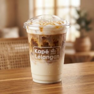 Caramel macchiato over ice in a clear cup with Kapé Lélangan logo