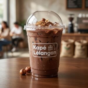 Hazelnut mocha over ice in a clear cup with Kapé Lélangan logo