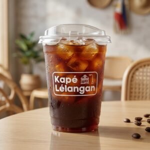 Iced Americano in a clear cup with Kapé Lélangan logo