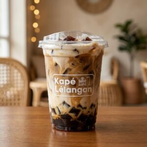 Coffee jelly latte over ice in a clear cup with Kapé Lélangan logo
